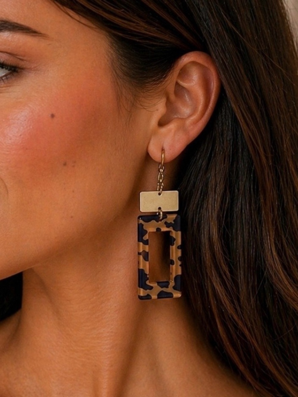 Plunder Tortoiseshell Rectangle Dangle Earrings with Gold Accents NWT